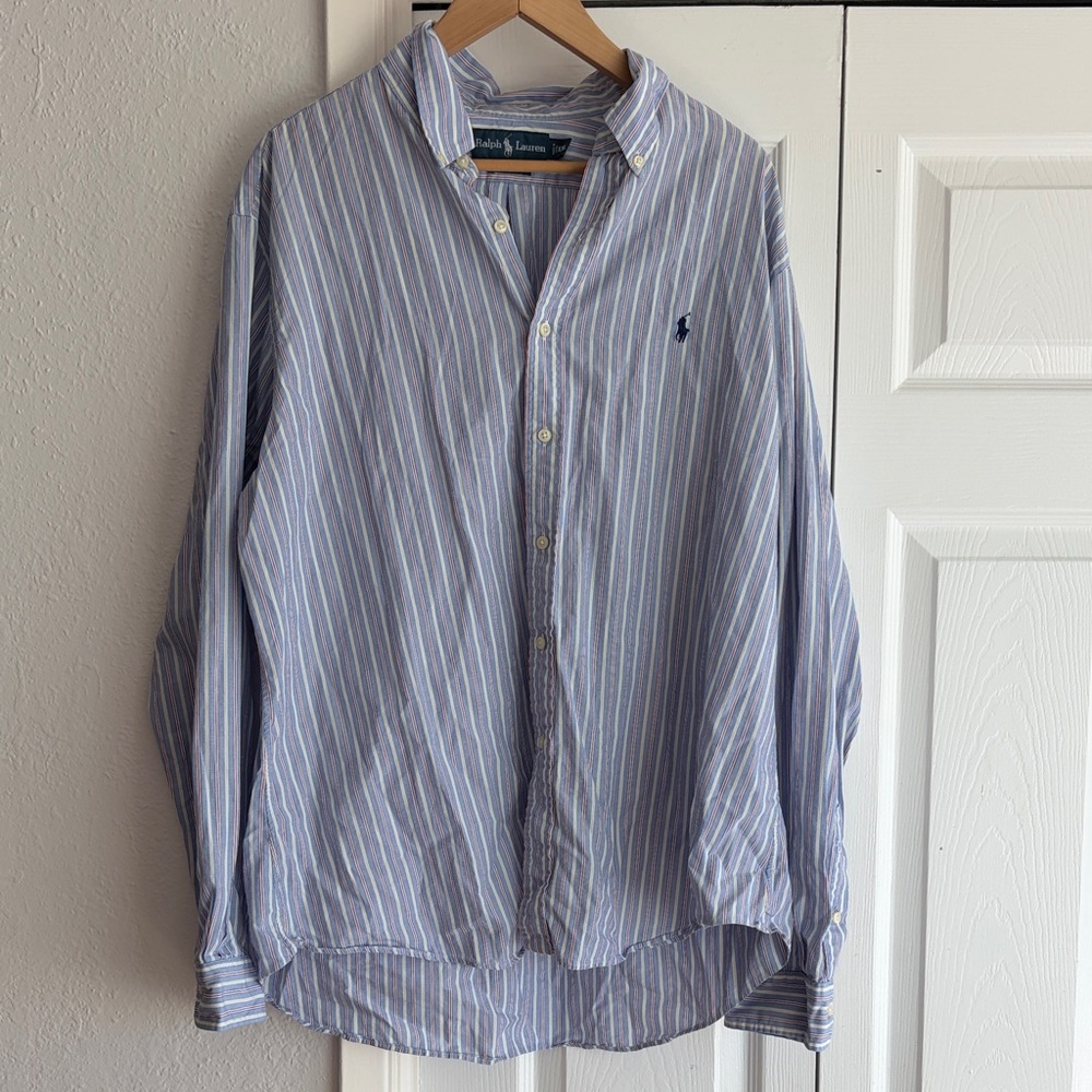 Vintage Ralph Lauren Light Blue Striped Button Down Shirt Oversized Women’s